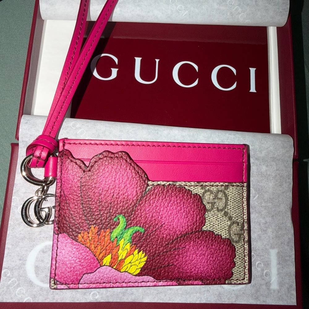 Gucci Pink and Yellow Floral Card Holder BRAND NEW